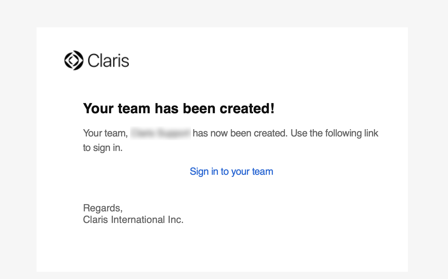 Team creation confirmation email