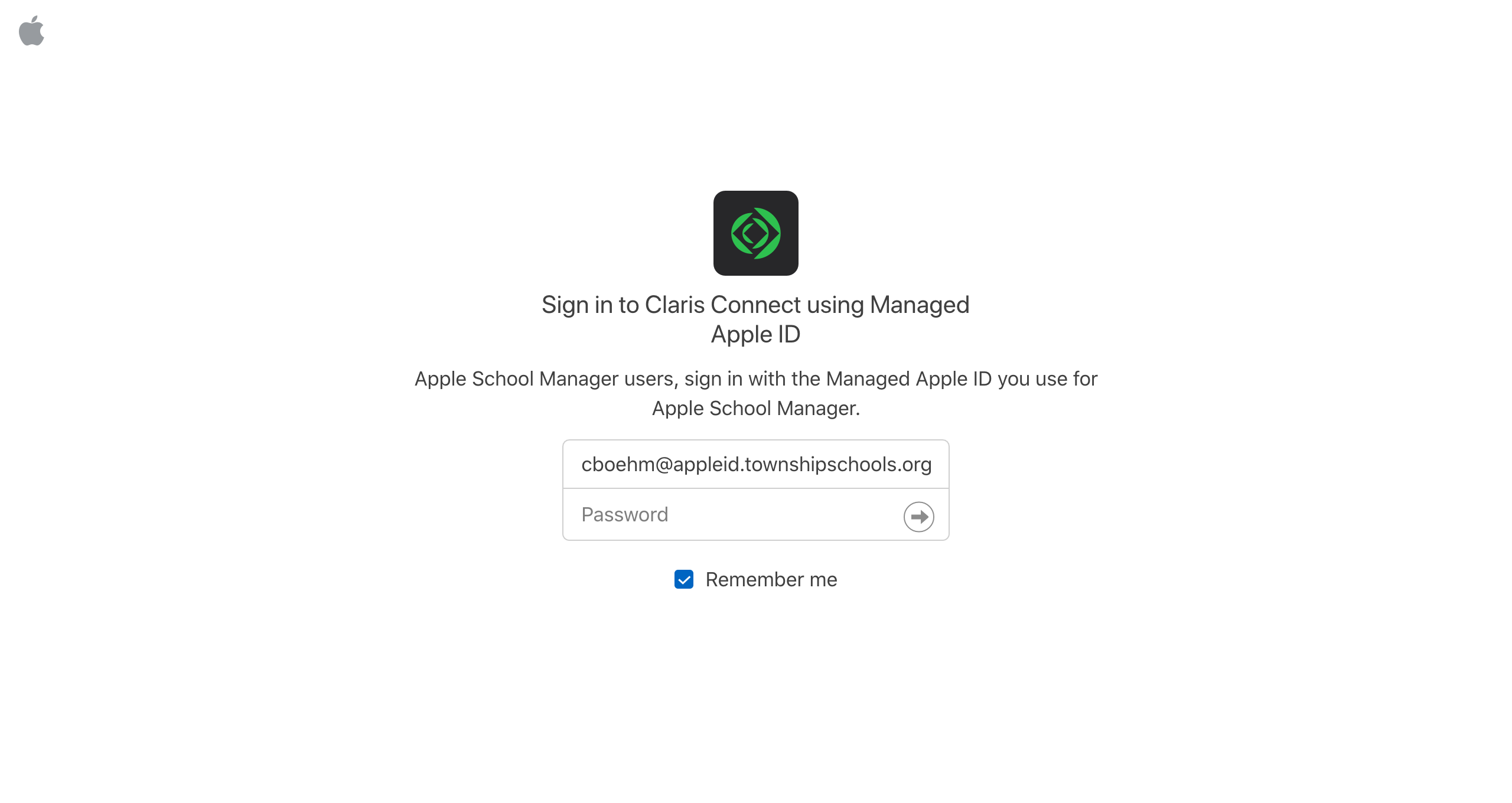 Sign in to Claris Connect using Managed Apple ID, enter password