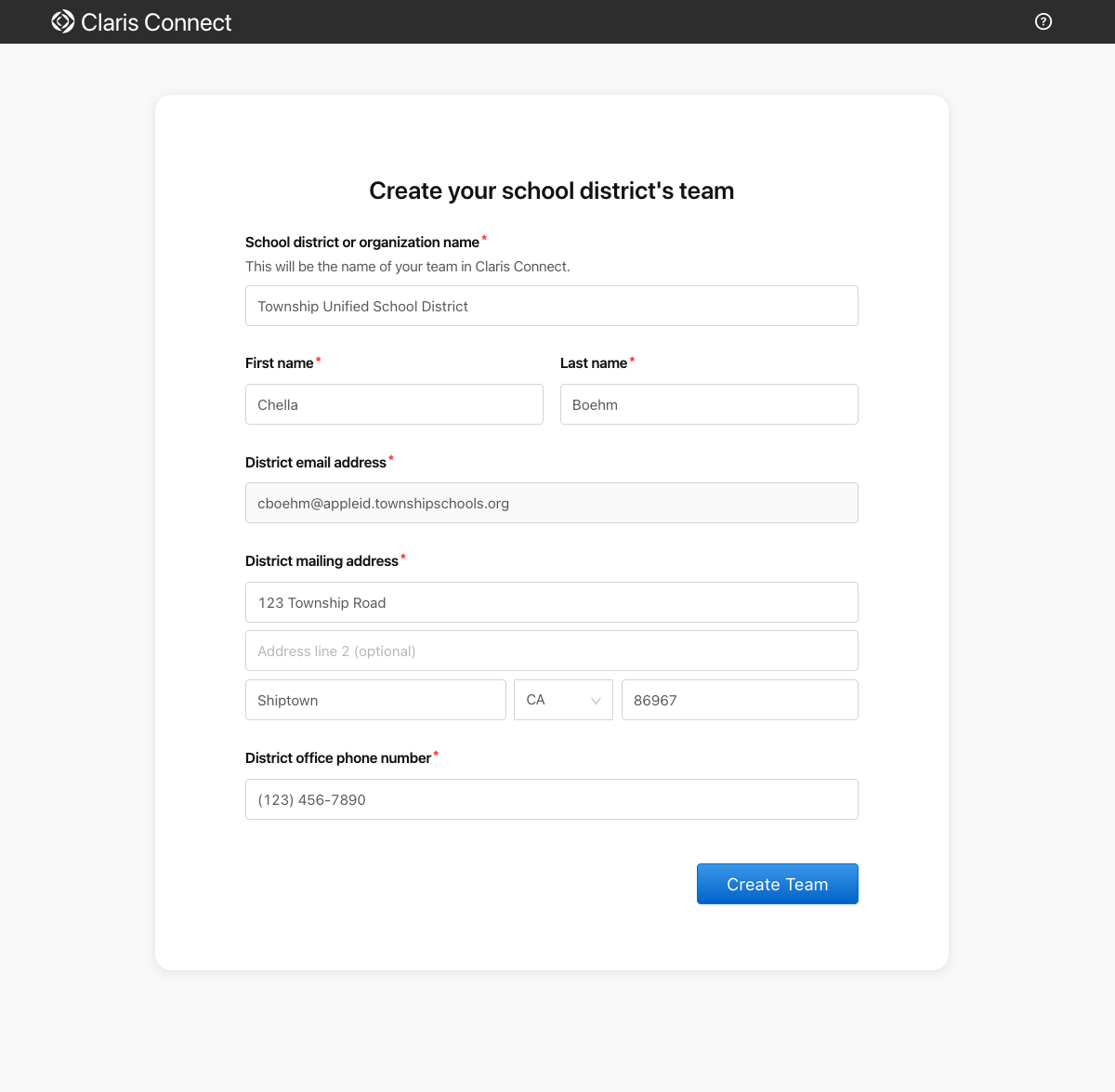 Create your school district's team, team creation form