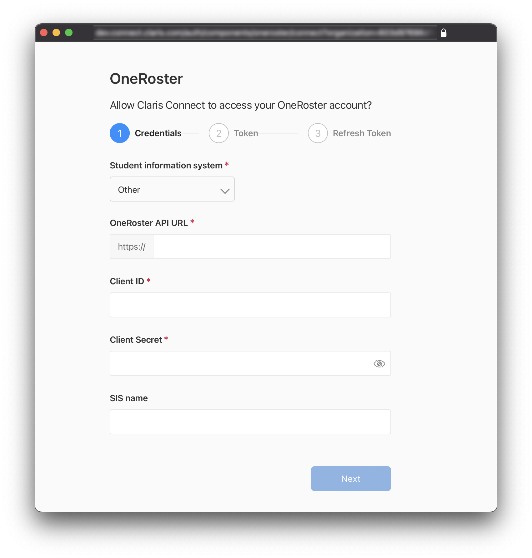 OneRoster Connect New Account, choose student information system, other