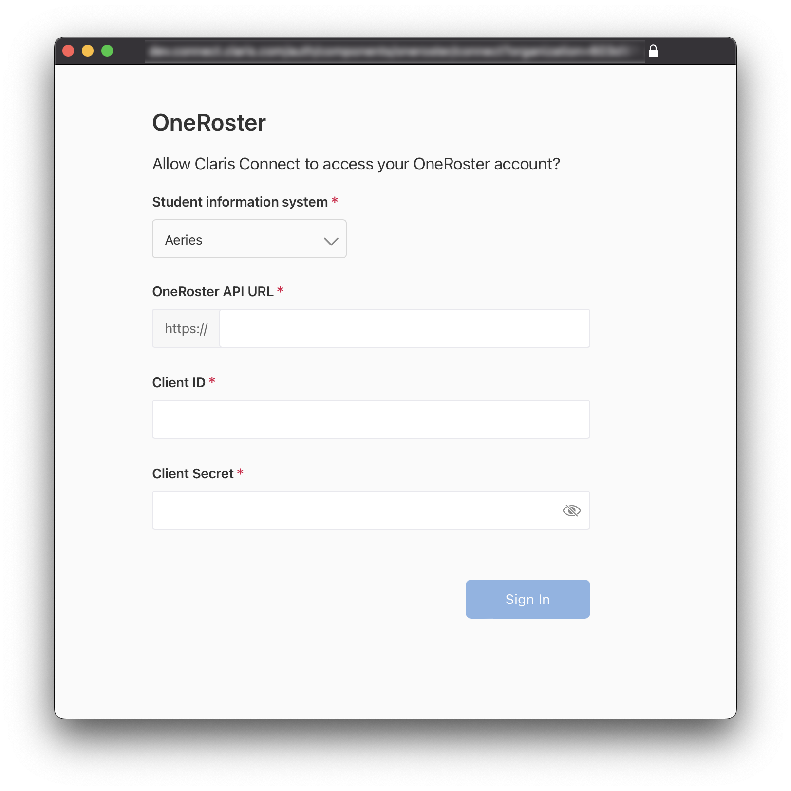 OneRoster Connect New Account dialog, choose studen information system