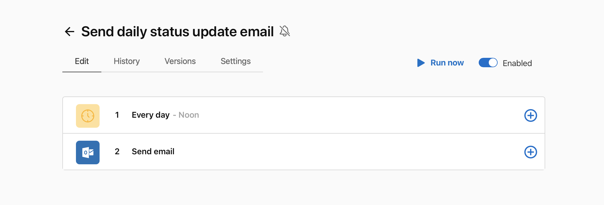 Run now example. Flow triggered by Schedules utility that sends an email from Outlook