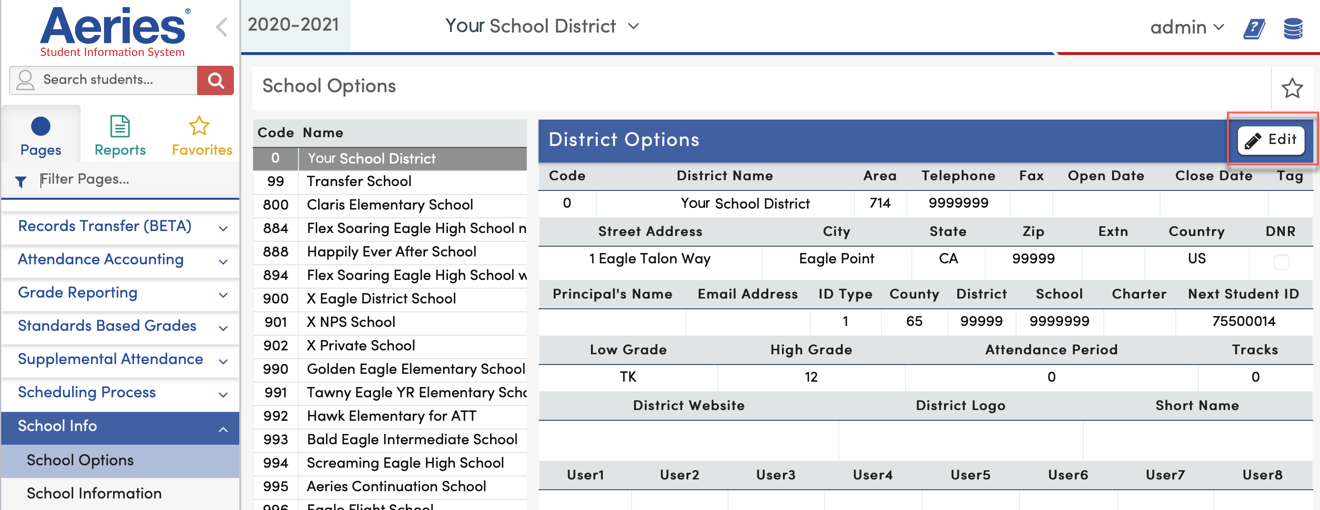 School Options page