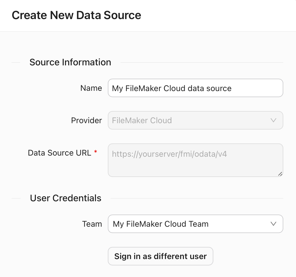 Data Sources tab, Create New Data Source dialog, Cloud