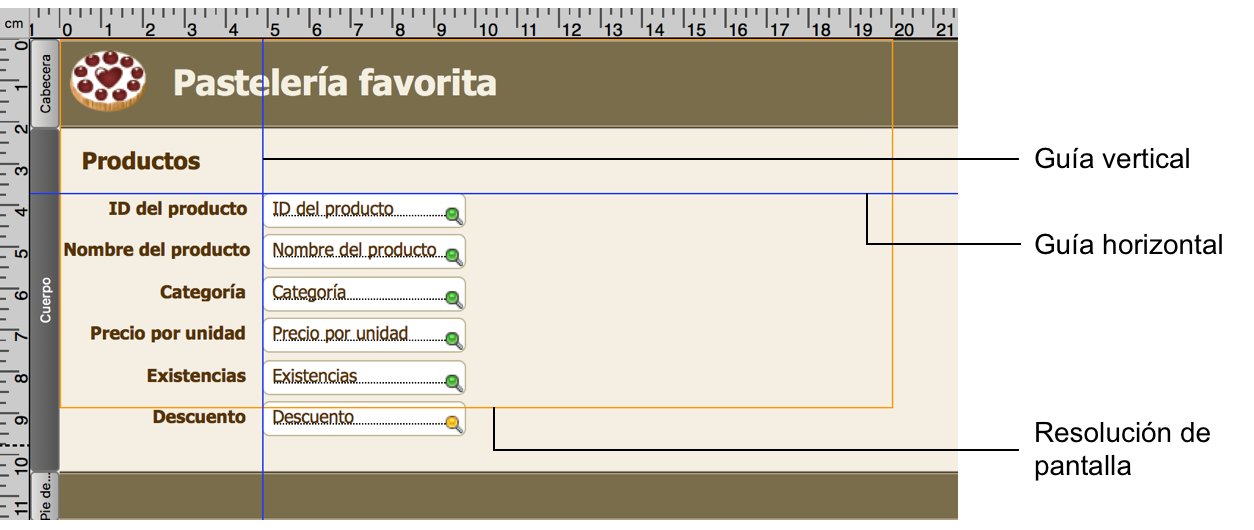 Presentación en la que se muestran las guías vertical y horizontal, y la resolución de pantalla