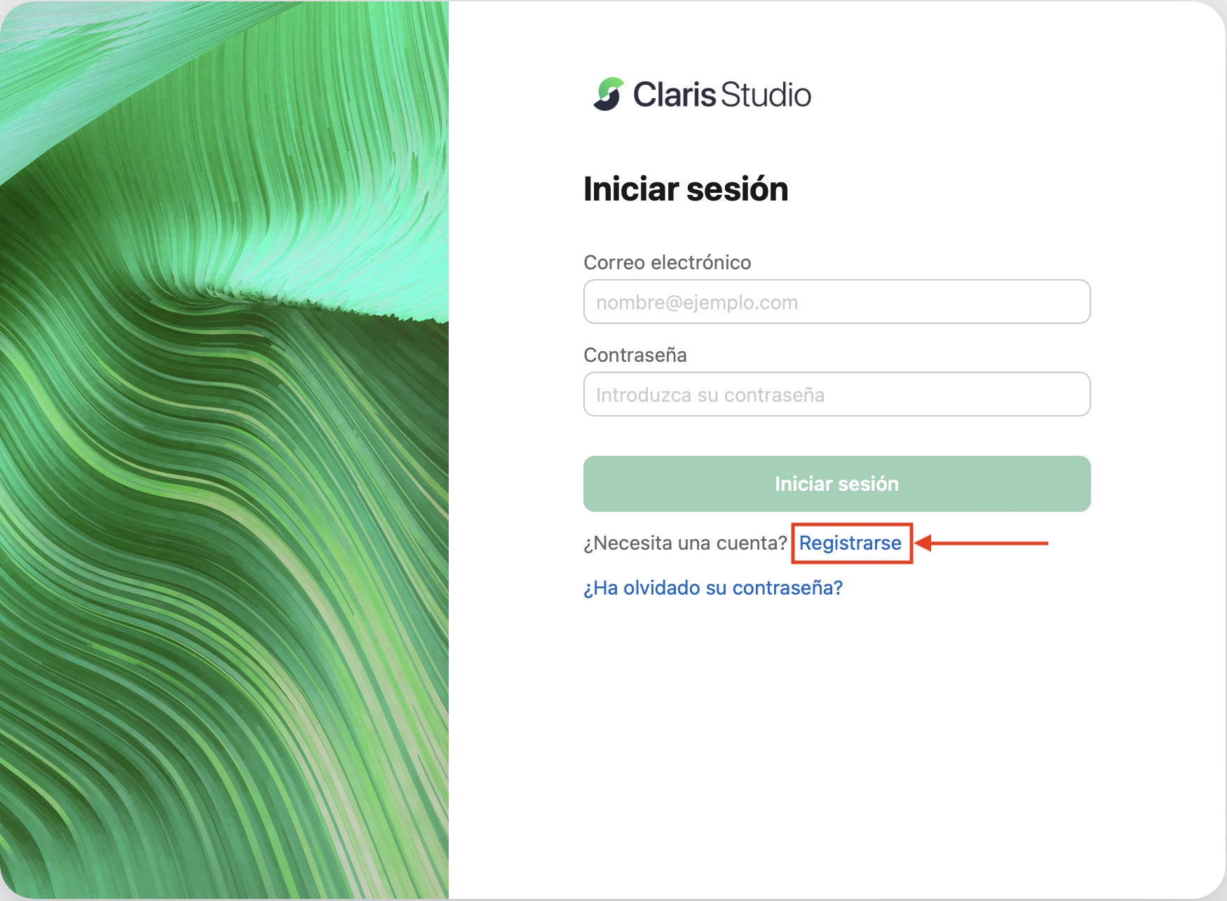 Página de inicio de sesión o registro de Claris Studio con el botón de registro señalado