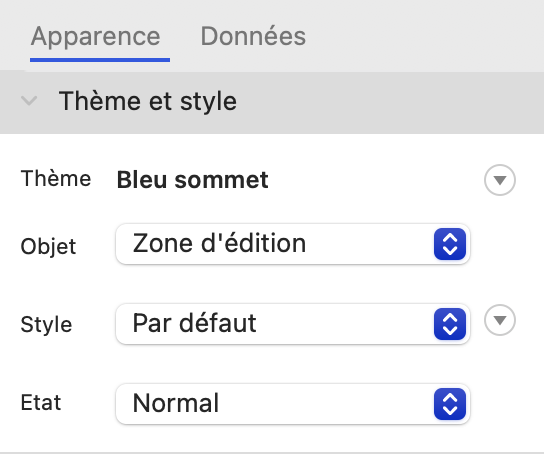 Volet Inspecteur affichant les onglets Apparence et Données sous macOS