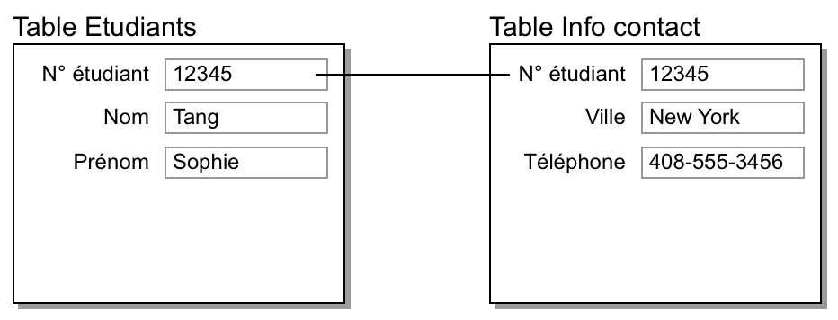 Enregistrements des tables Etudiants et Contacts montrant un résultat de type lien un à un
