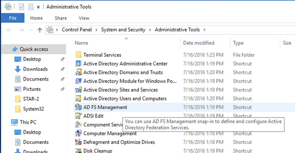 Active Directory Federation Services, raccourci de gestion