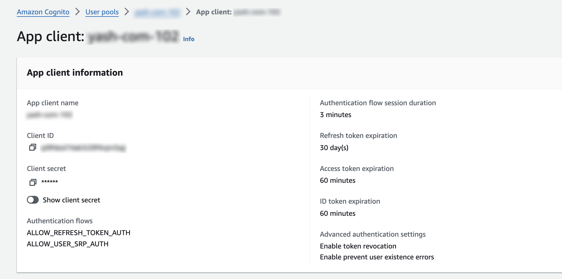 Amazon Cognito, informations sur le client Appe
