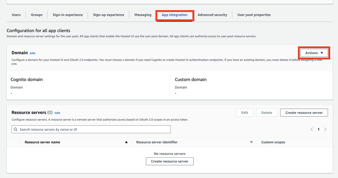 Amazon Cognito, intégration d'application, Actions > Créer un domaine