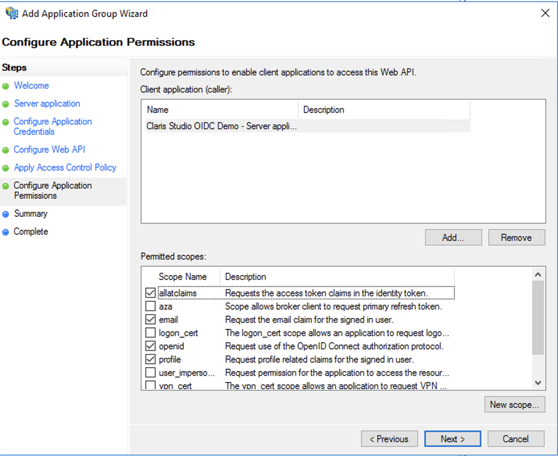 Active Directory Federation Services, assistant du groupe d'applications, autorisations d'application