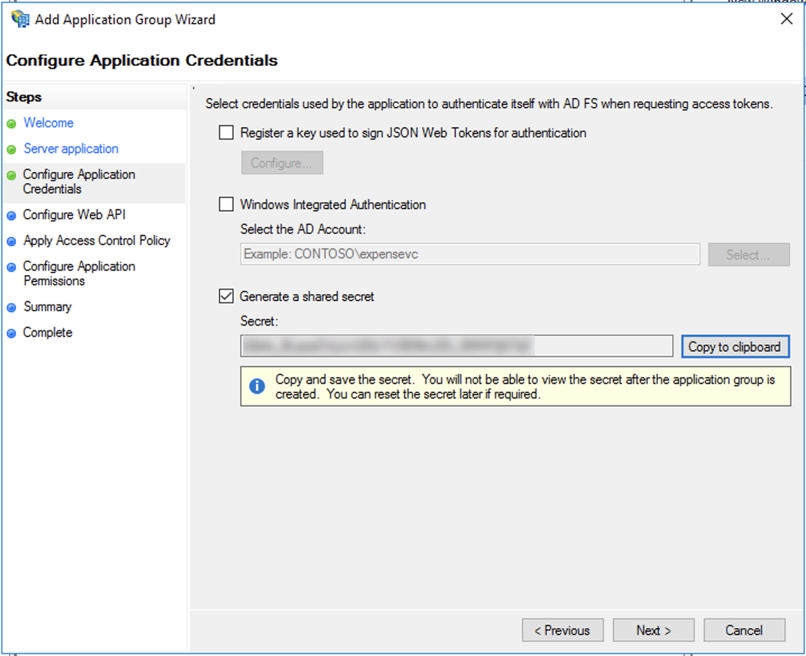 Active Directory Federation Services, assistant du groupe d'applications, clé secrète partagée
