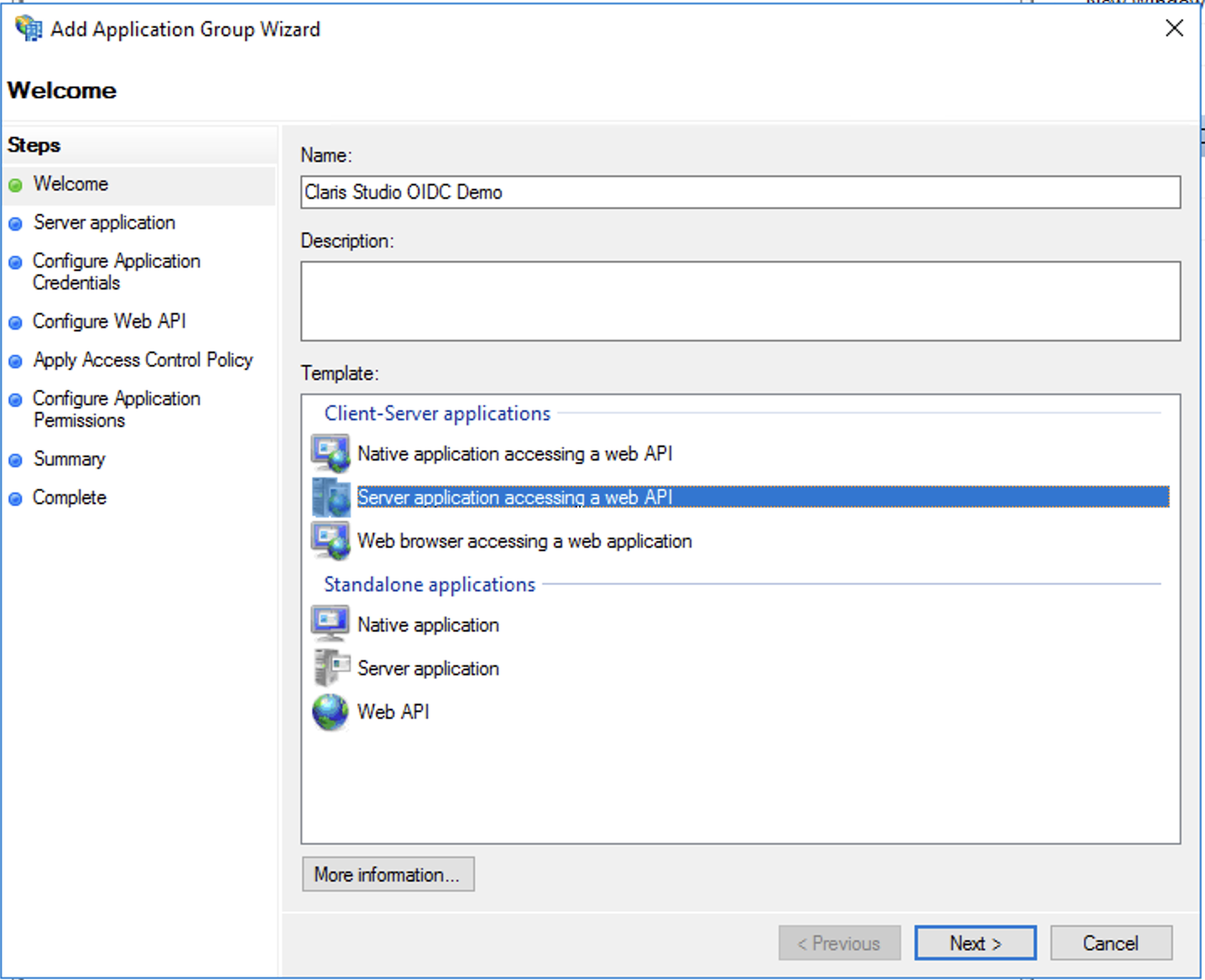 Active Directory Federation Services, modèle d'assistant du groupe d'applications, API web