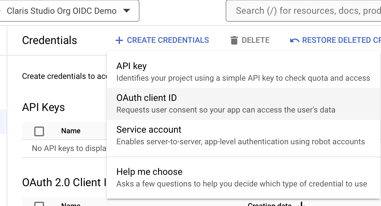 Google Workspace OIDC, créer des informations d'authentification, identifiant du client OAuth