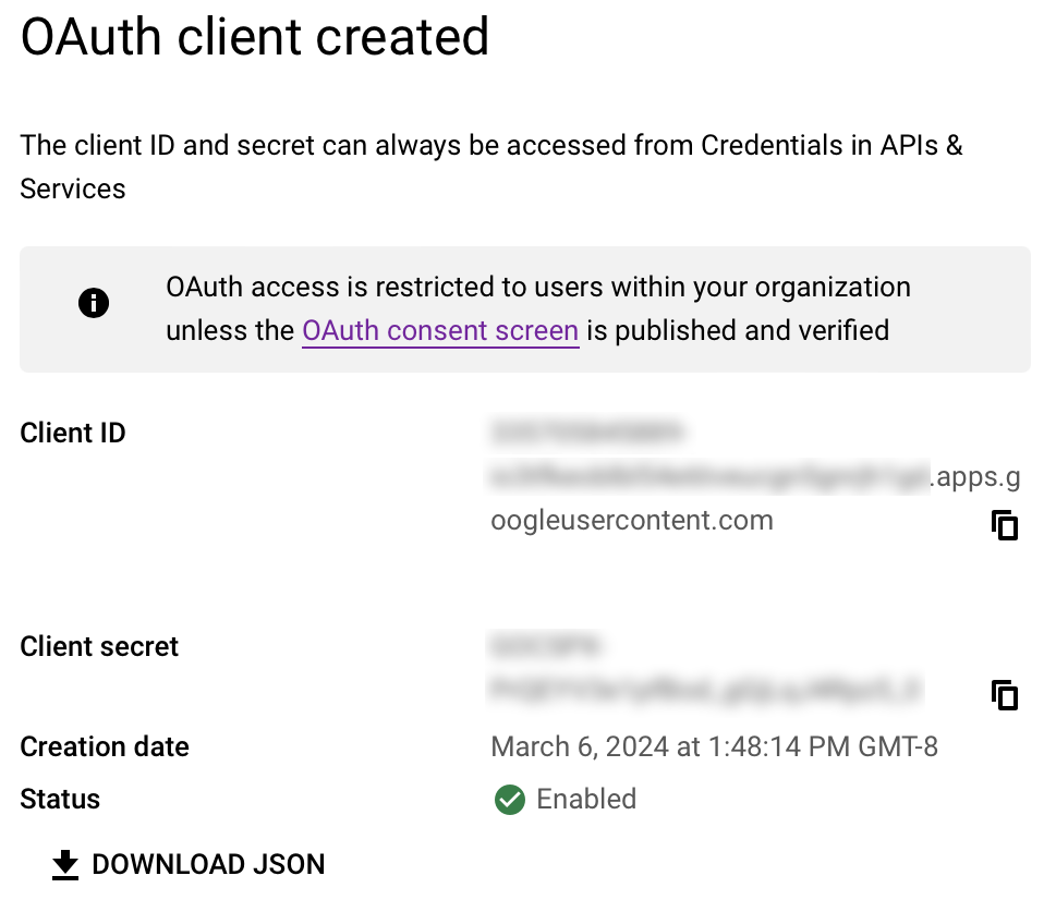 Google Workspace OIDC, client OAuth créé
