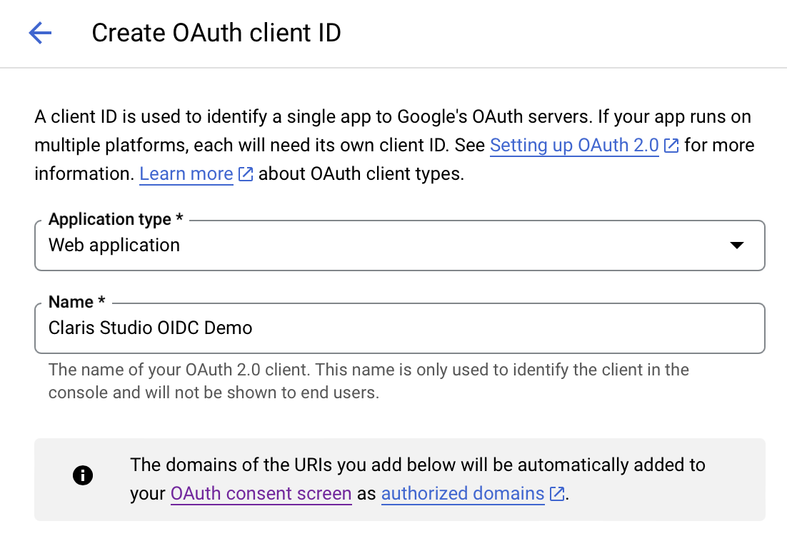 Google Workspace OIDC, Identifiant client OAuth, type d'application