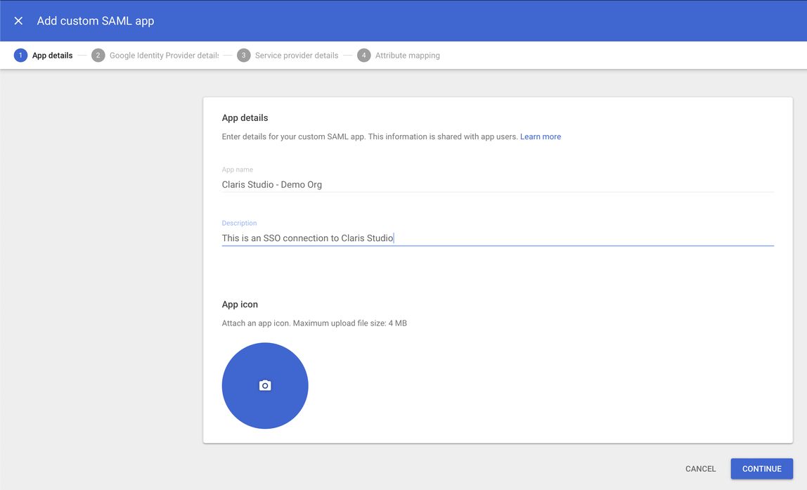 Google Workspace SAML, détails de l'application SAML personnalisée