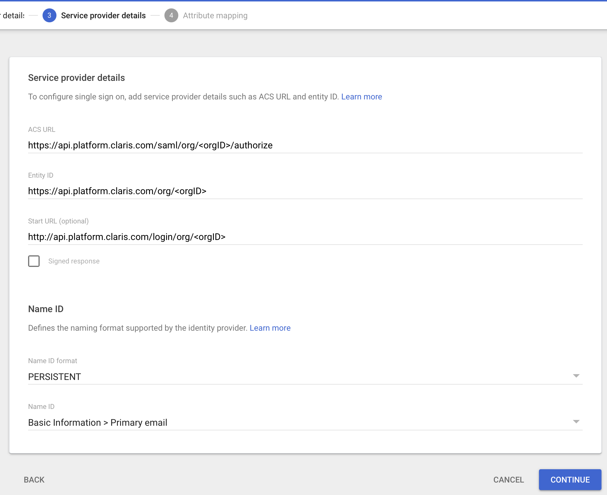 Google Workspace SAML, détails du fournisseur de services