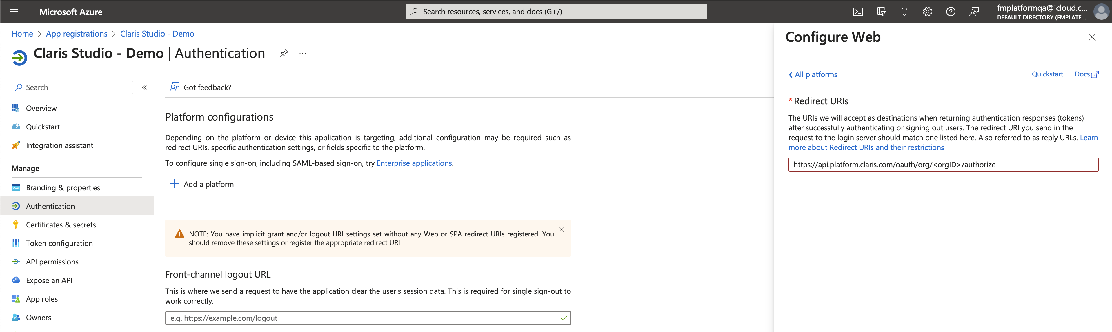 Microsoft Azure, authentification, URI de redirection