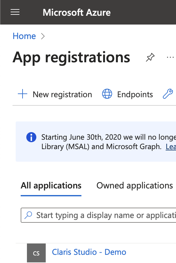 Microsoft Azure, enregistrements d'applications, toutes les applications, votre application