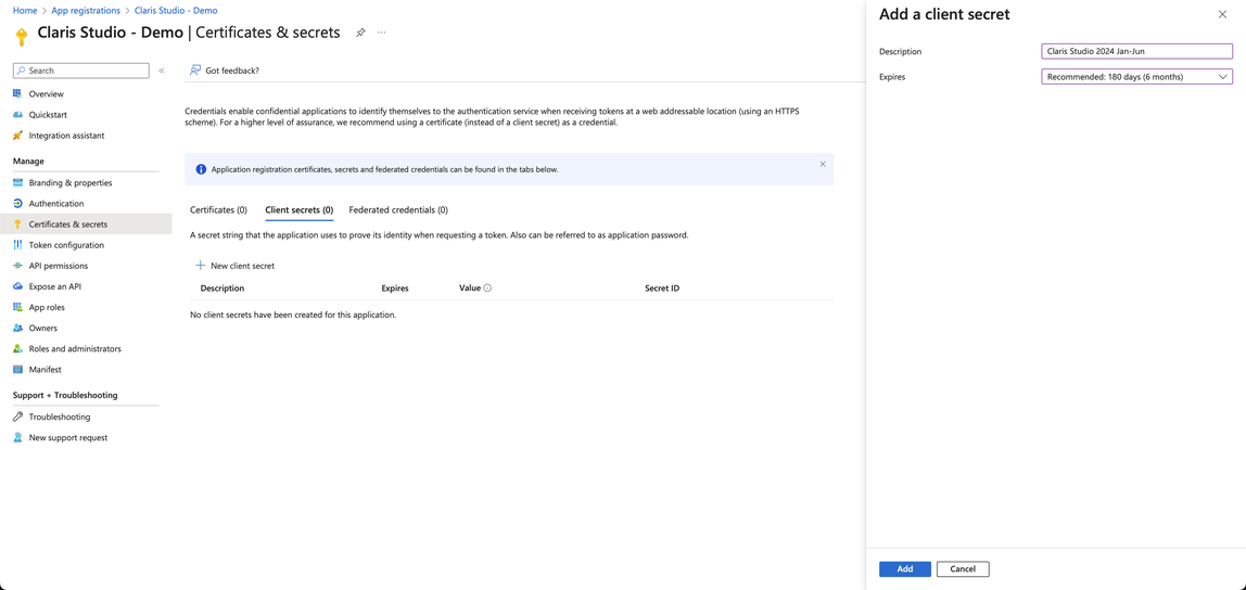Microsoft Azure, certificats et clés secrètes, nouvelle clé secrète du client