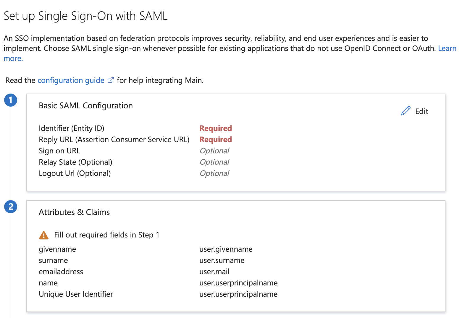 Microsoft Azure, configuration SAML de base