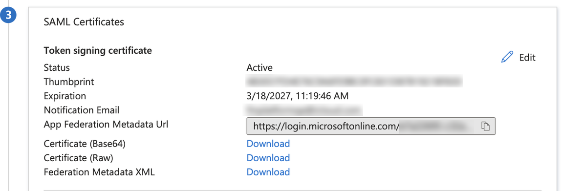Microsoft Azure, certificats SAML, URL des métadonnées de fédération