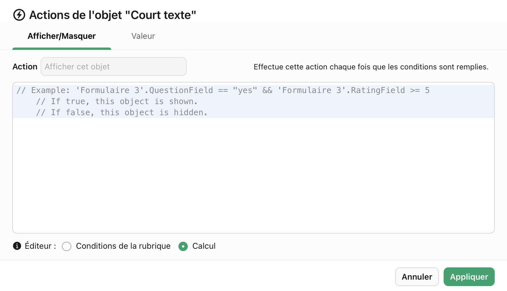 Actions de l'objet, Éditeur, Calcul