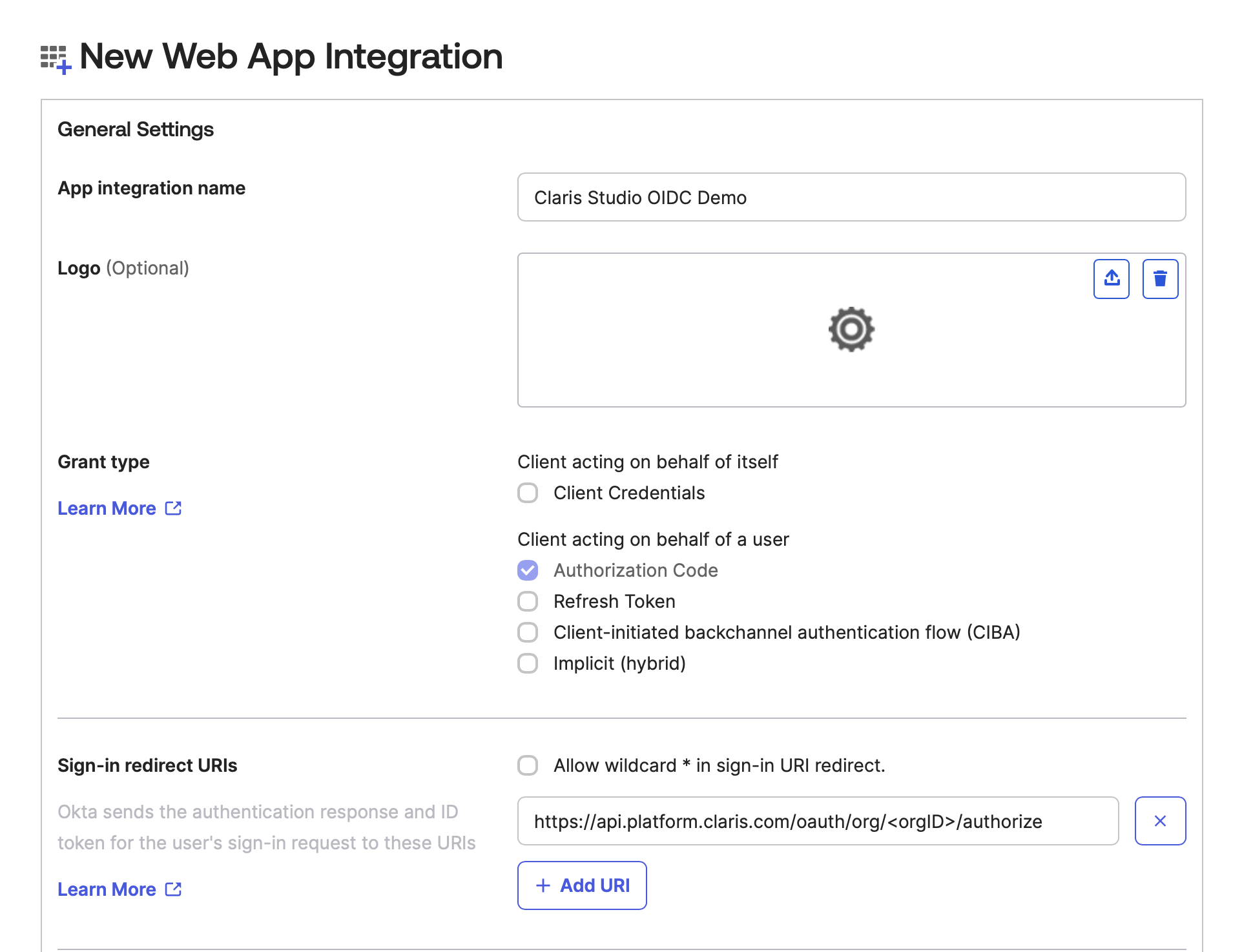 Okta, nouvelle intégration d'application Web, nom de l'intégration de l'application, URI de redirection de connexion