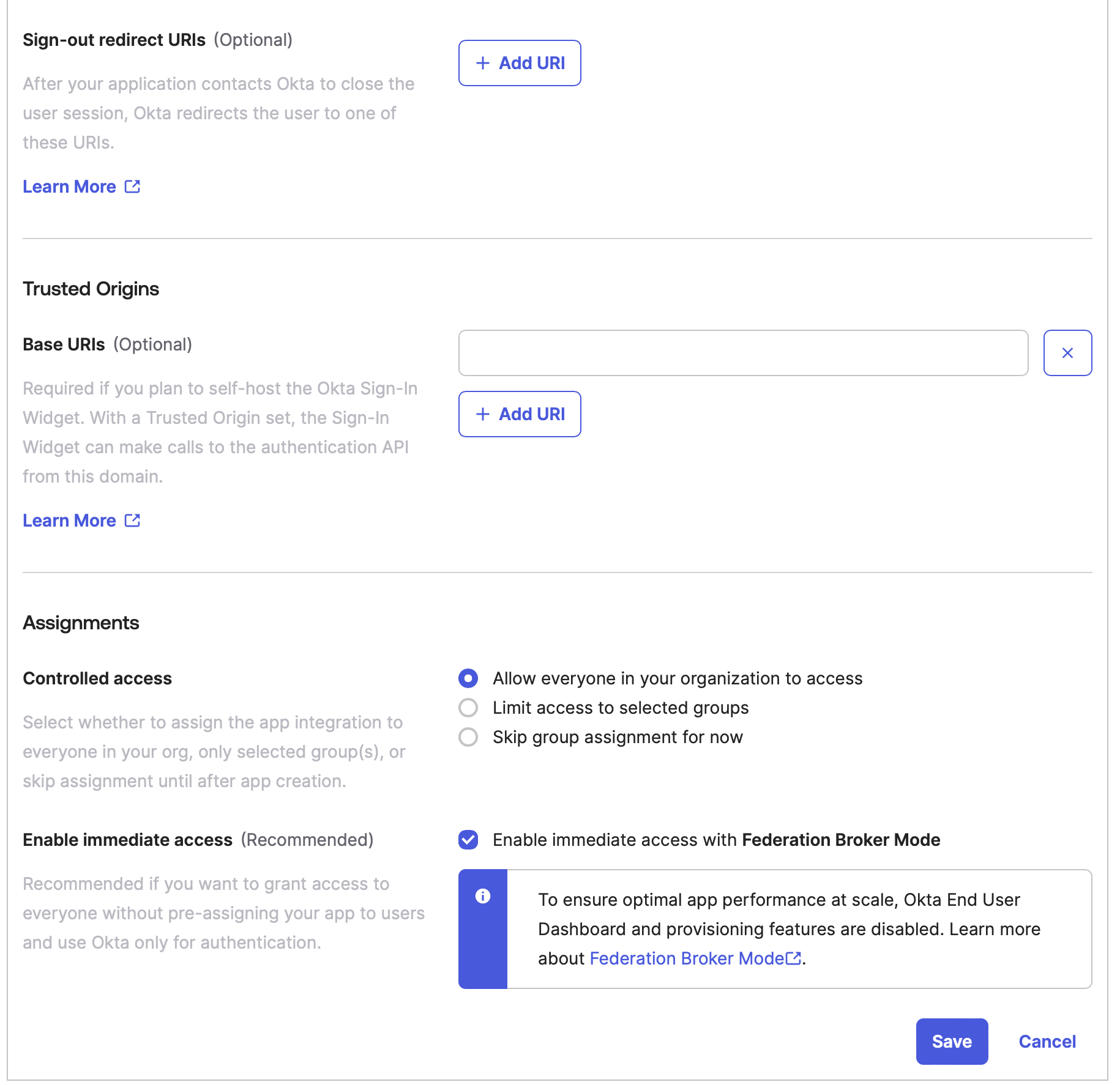 Okta, nouvelle intégration d'applications Web, URI de redirection de connexion, accès contrôlé, activer l'accès immédiat