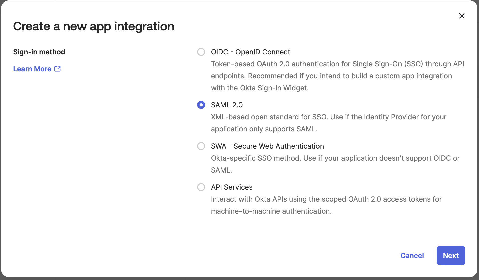 Okta, créer une nouvelle intégration d'application, SAML 2.0