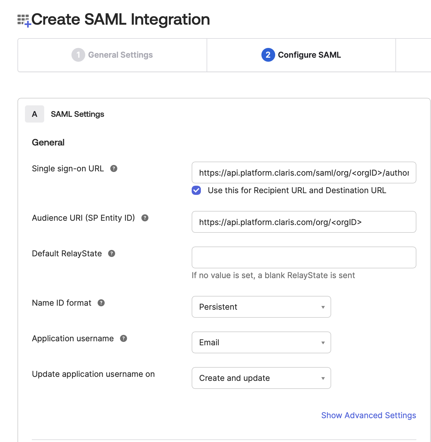 Okta, créer une intégration SAML, configurer SAML, paramètres SAML