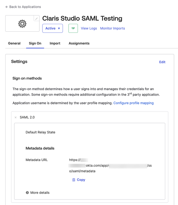 Okta, paramètres, méthodes de connexion, URL des métadonnées