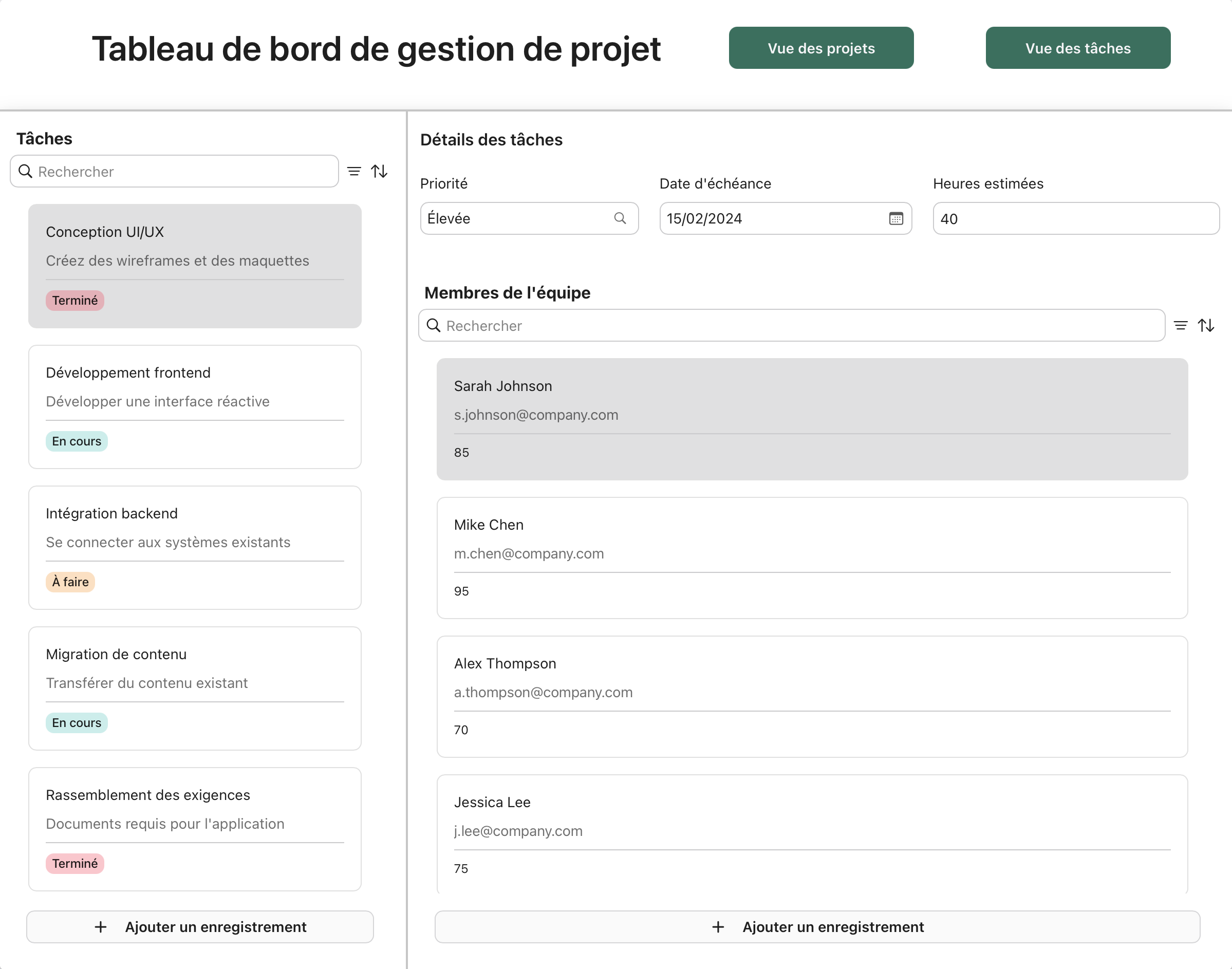 Exemple de cadres, Tableau de bord de gestion de projet, Vue des tâches