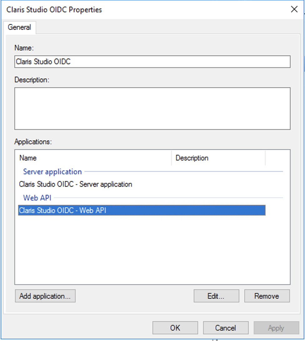 Active Directory Federation Services, propriétés du groupe OIDC Claris Studio
