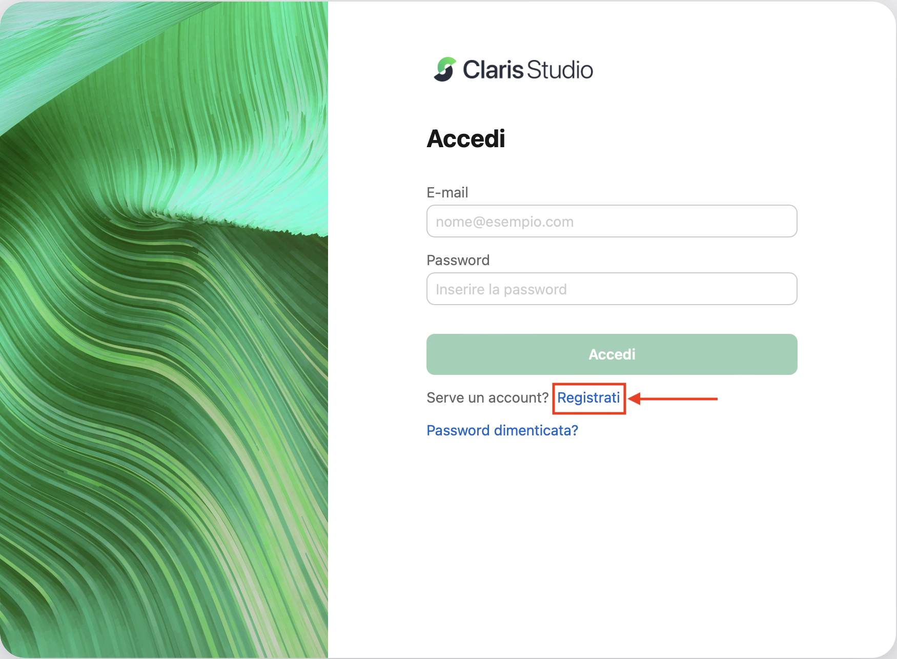 Pagina di accesso o registrazione di Claris Studio con registrazione indicata