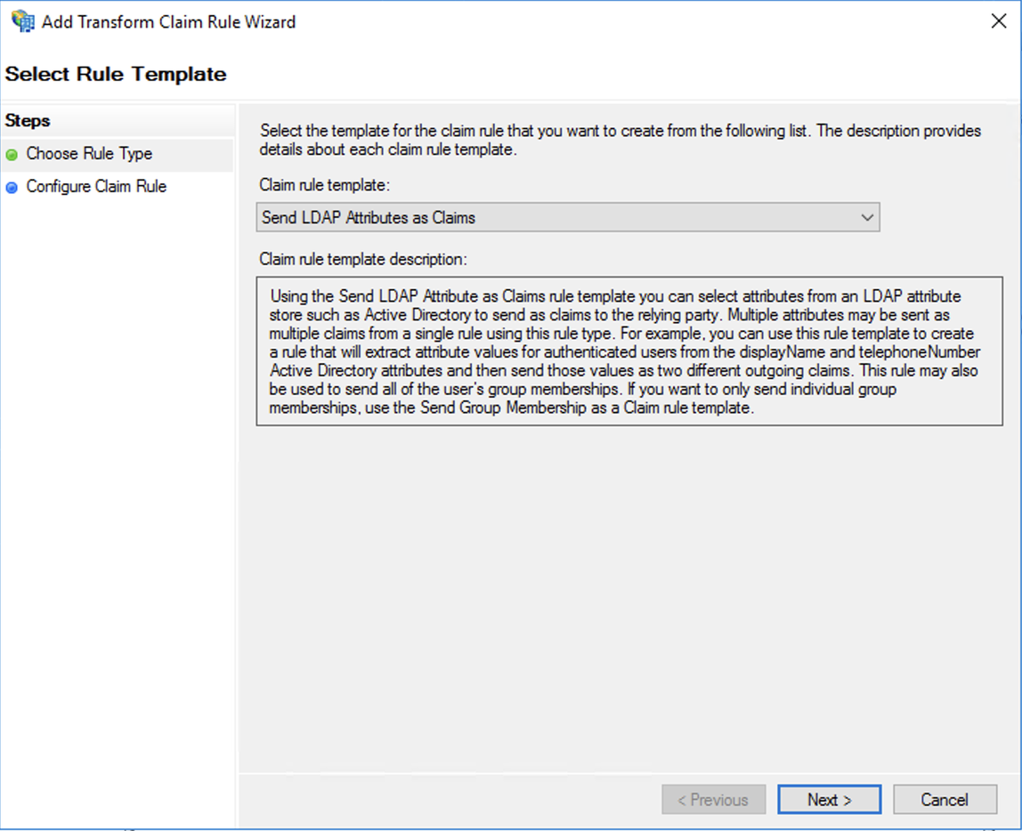 Active Directory Federation Services, procedura guidata attendibilità relying party, seleziona modello regola