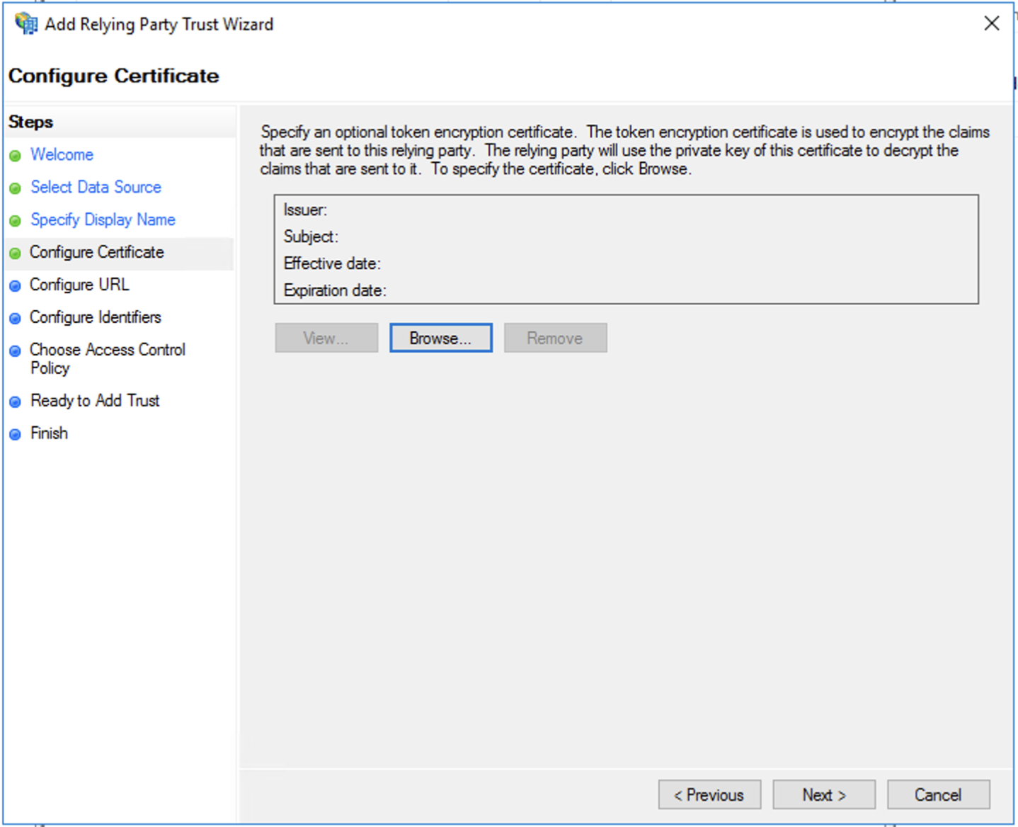 Active Directory Federation Services, procedura guidata attendibilità relying party, configurazione certificato