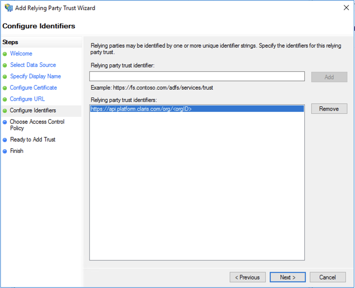 Active Directory Federation Services, procedura guidata attendibilità relying party, configurare gli identificativi