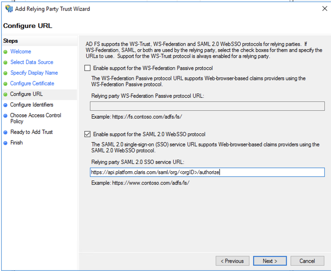 Active Directory Federation Services, procedura guidata attendibilità relying party, configurazione URL