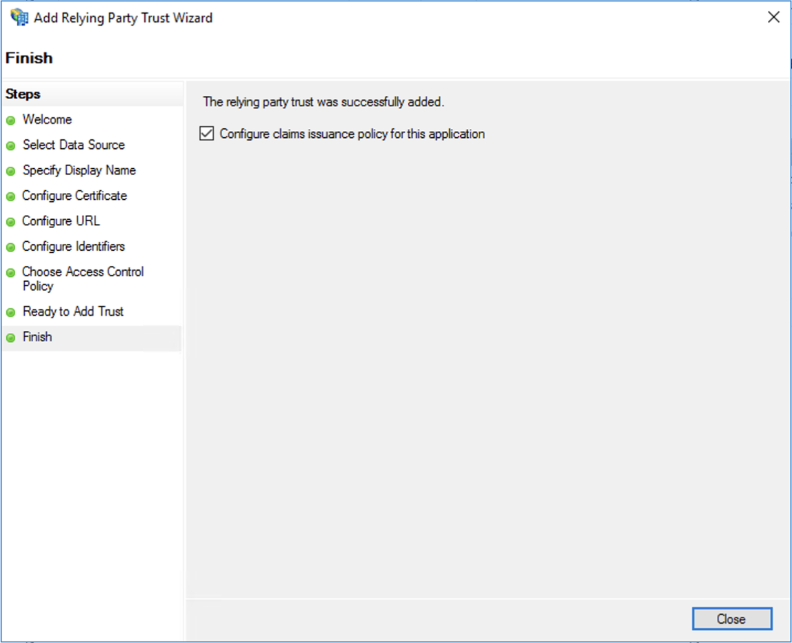 Active Directory Federation Services, procedura guidata attendibilità relying party, fine