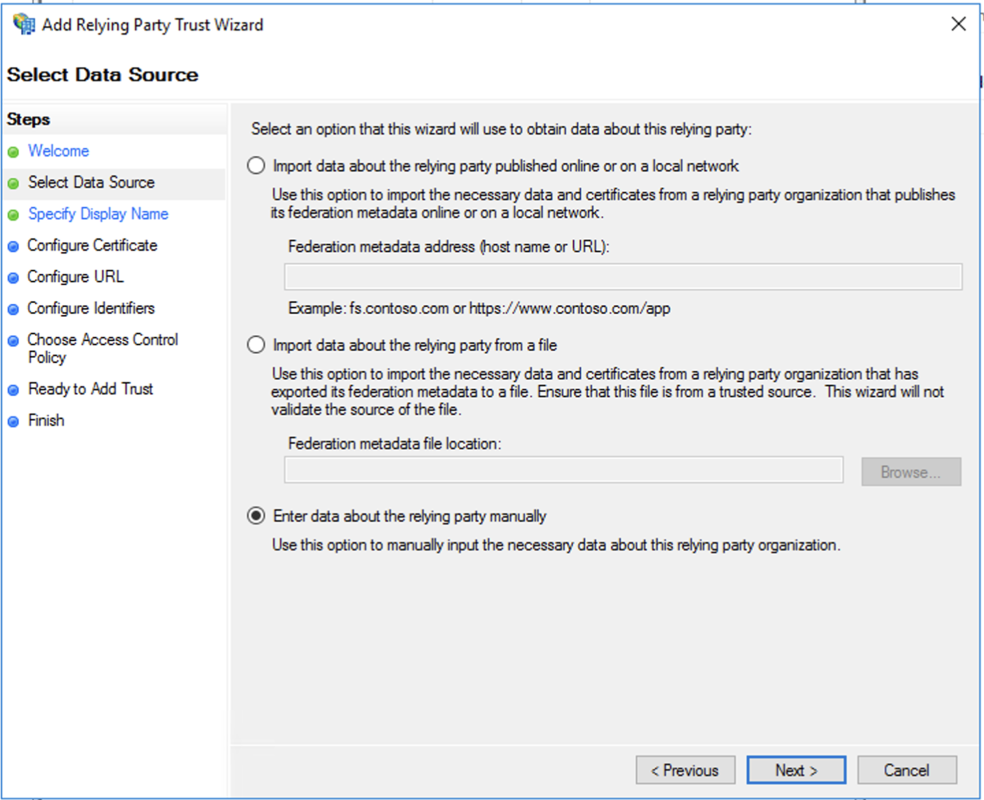 Active Directory Federation Services, procedura guidata attendibilità relying party, specificare l'origine dati