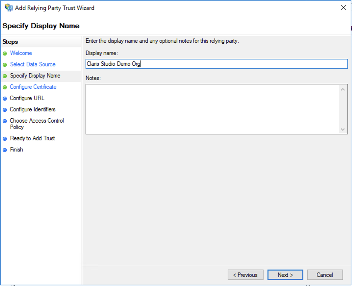 Active Directory Federation Services, procedura guidata attendibilità relying party, specifica del nome da visualizzare