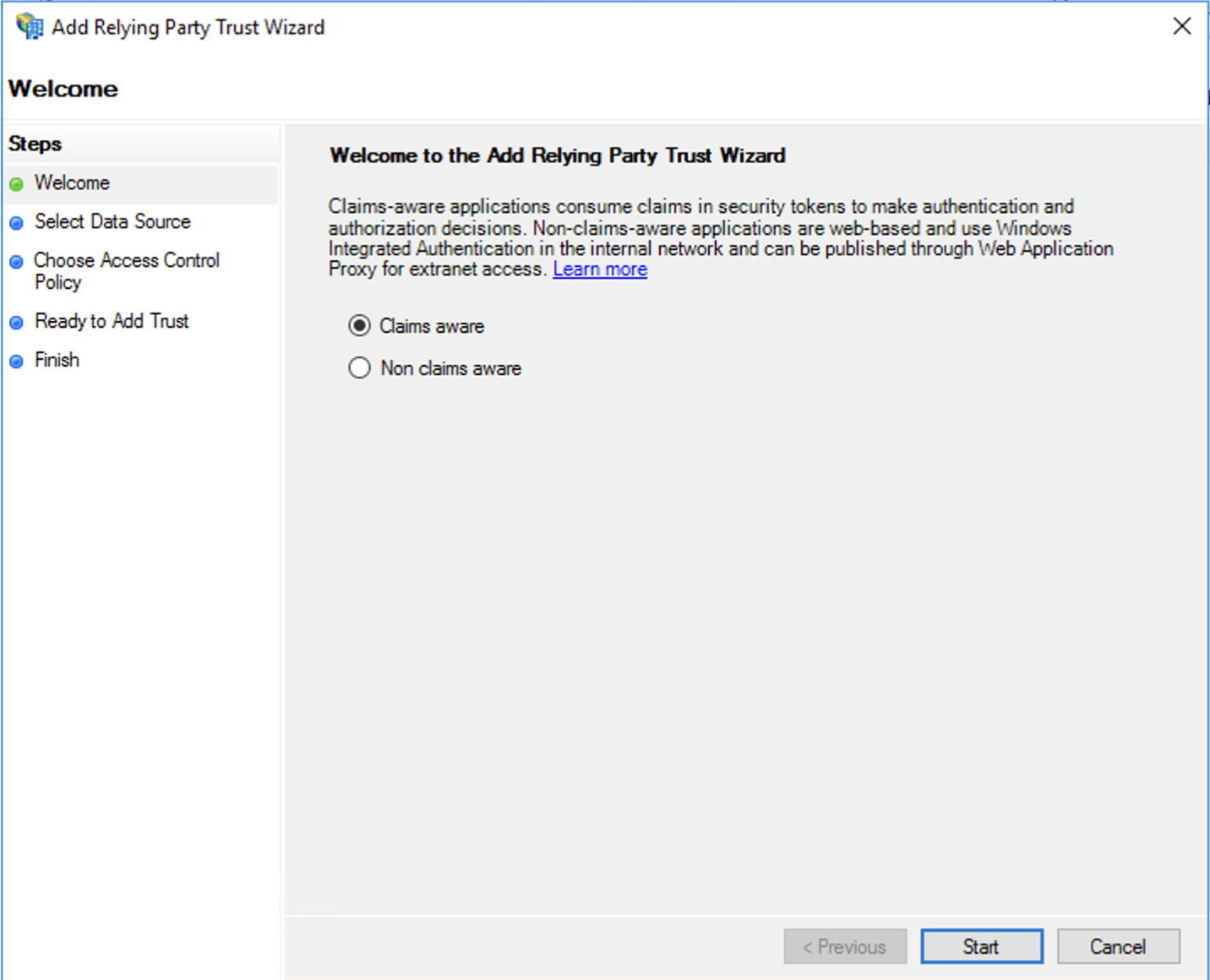 Active Directory Federation Services, procedura guidata attendibilità relying party