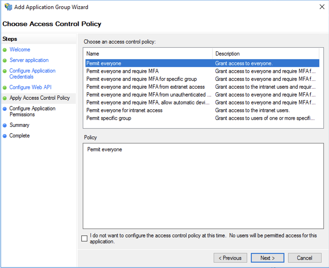 Active Directory Federation Services, procedura guidata gruppo di app, criteri di controllo degli accessi