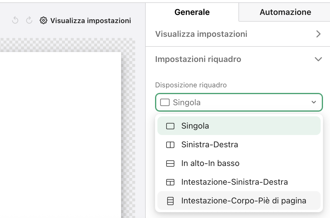 Riquadri, Impostazioni riquadro, Formato riquadro