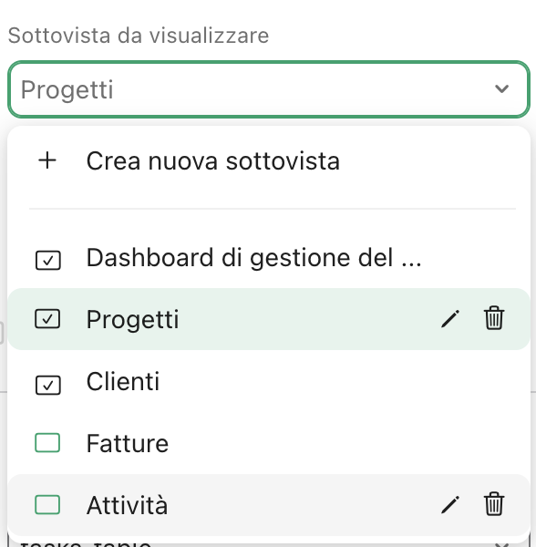 Riquadri, Sottovista da visualizzare, Crea nuova sottovista