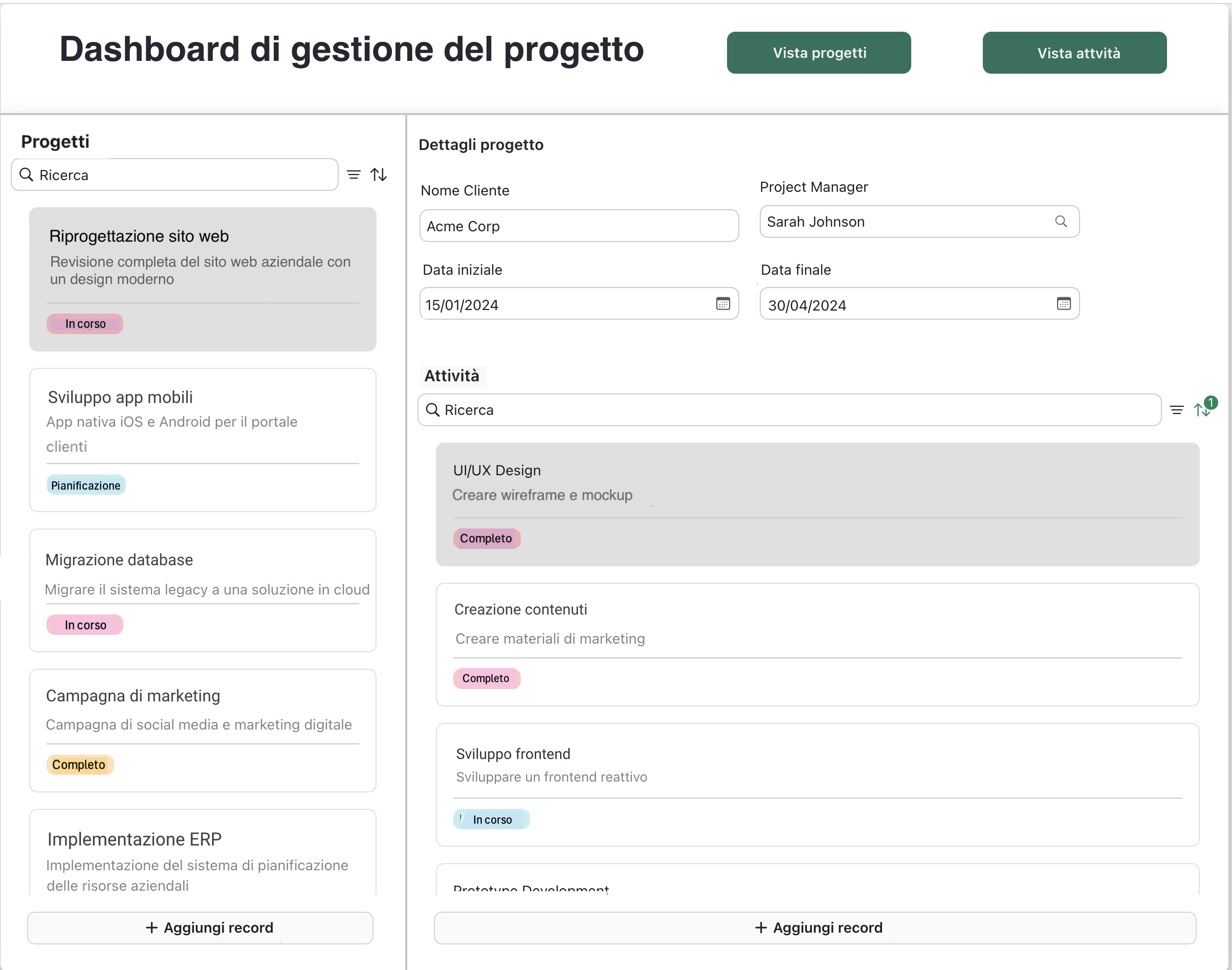 Esempio di riquadri, Dashboard di gestione dei progetti, Vista progetti
