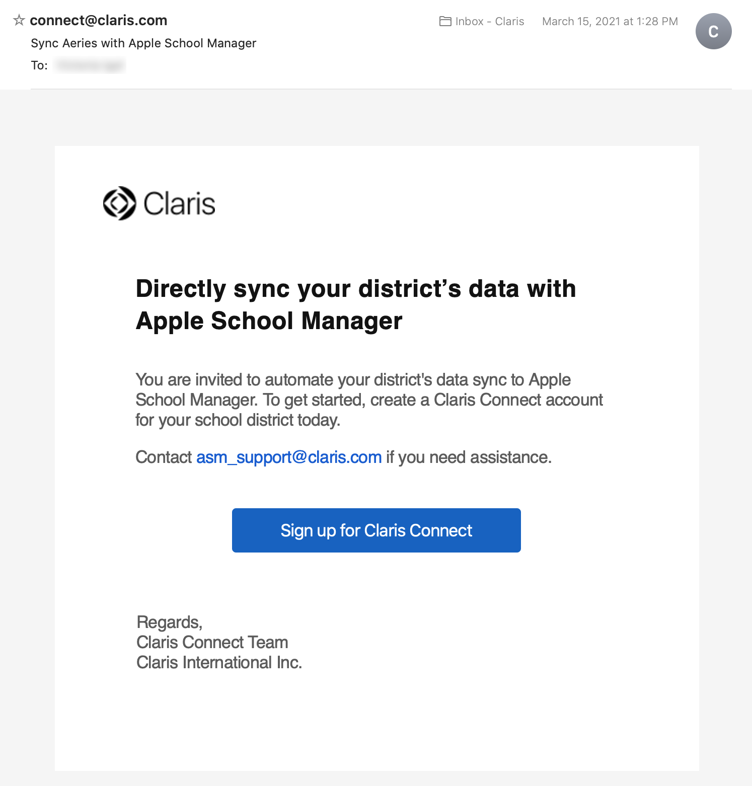 Claris Connect にサインアップして Apple School Manager とデータを同期するための招待状